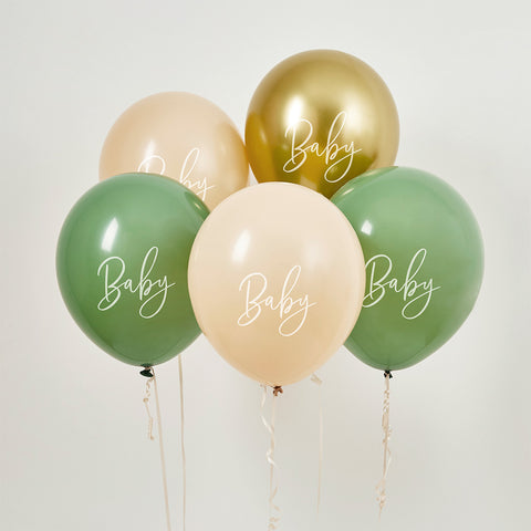 Sage, Nude & Gold 'Baby' Latex 12" Balloons 5 Pack