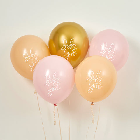 Pink, Nude & Gold 'Baby Girl' Latex 12" Balloons 5 Pack