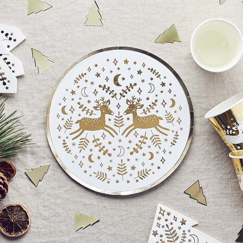 8 Reindeer Gold Foil Paper Plates