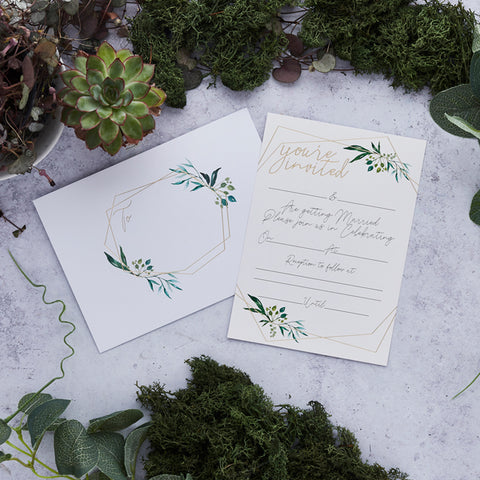 25 Geo Greenery Wedding Day Invitations & Envelopes