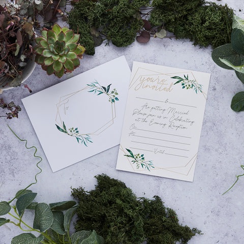 25 Geo Greenery Wedding Evening Invitations & Envelopes