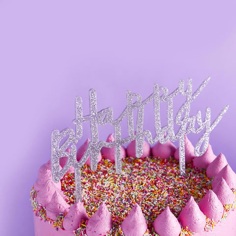 Silver Glitter Acrylic Happy Birthday Cake Topper