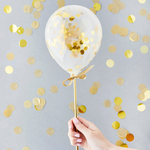 5 Gold Mini Confetti Balloon Wands