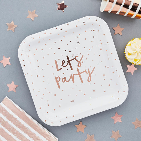 8 Rose Gold Let's Party Paper Plates