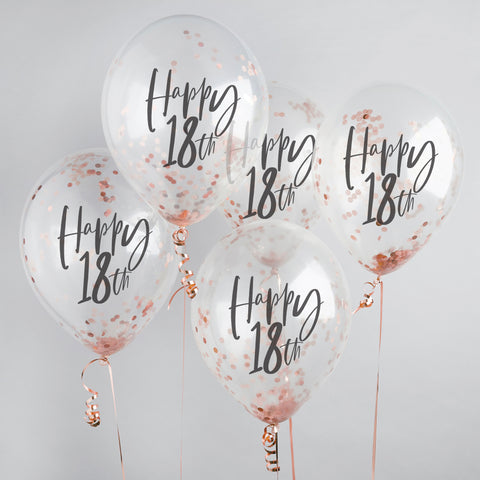 5 Rose Gold 'Happy 18th' Confetti Balloons