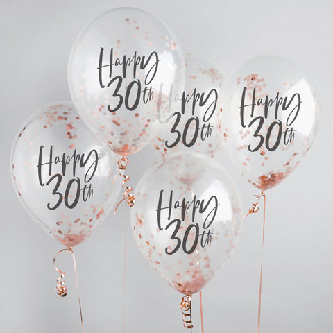 5 Rose Gold 'Happy 30th' Confetti Balloons