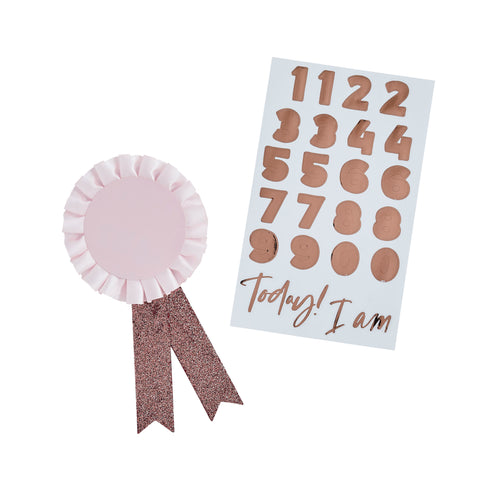 Rose Gold Milestone Birthday Badge with one sticker sheet