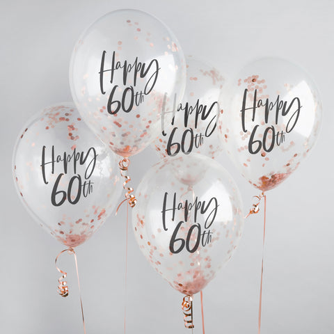 5 Rose Gold 'Happy 60th' Confetti Balloons