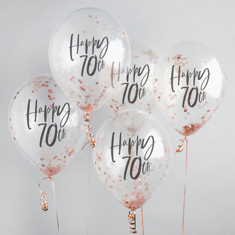 5 Rose Gold 'Happy 70th' Confetti Balloons