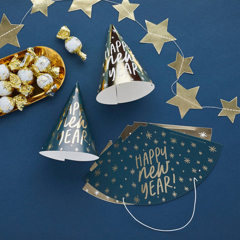 10 Happy New Year Navy & Gold Party Hats