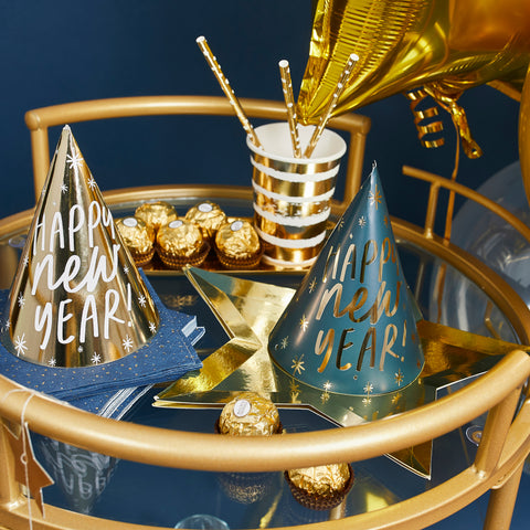 10 Happy New Year Navy & Gold Party Hats