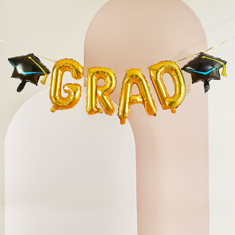 Gold 'Grad' 16" with Graduation Hats Foil Balloon Garland