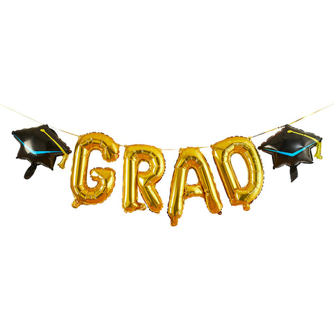 Gold 'Grad' 16" with Graduation Hats Foil Balloon Garland