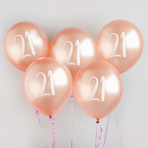 5 Rose Gold Number 21 Balloons