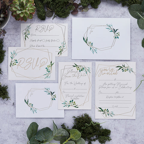 25 Geo Greenery Save the Date Cards & Envelopes